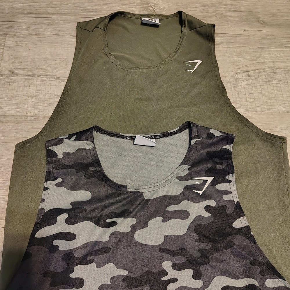 Gymshark Mens Tank Top Bundle 2 Pack Olive Green Gray Camo Sleeveless Size M